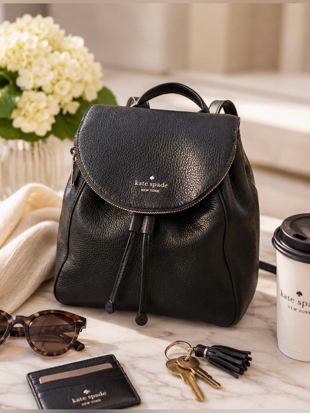 Kate Spade New York Black Leather Backpack Pebbled Leather Bag